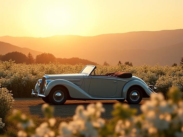 Image d'une voiture de luxe garée devant un champ de fleurs de jasmin au lever du soleil