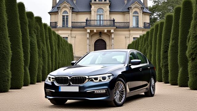BMW Série 5 garée devant un château