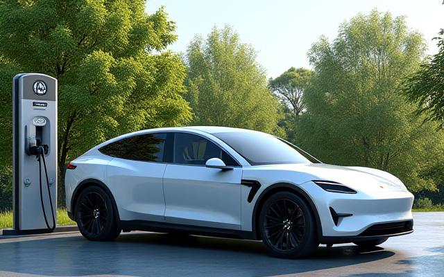 Voiture électrique en charge avec un arrière-plan naturel et verdoyant, symbolisant l'écologie