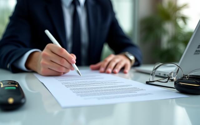 Conducteur souriant signant des documents dans un bureau, représentant les options de leasing et longue durée