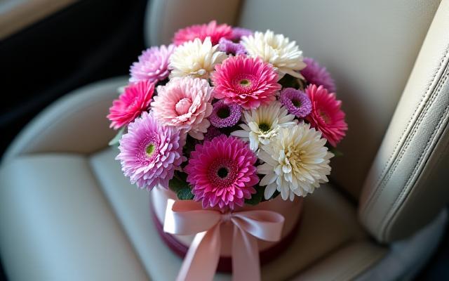 Une élégante boîte de fleurs fraîchement coupées posée sur le siège passager d'une voiture de luxe