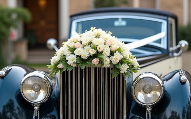 Magnifique voiture classique décorée de fleurs pour un mariage, prête à emmener les mariés